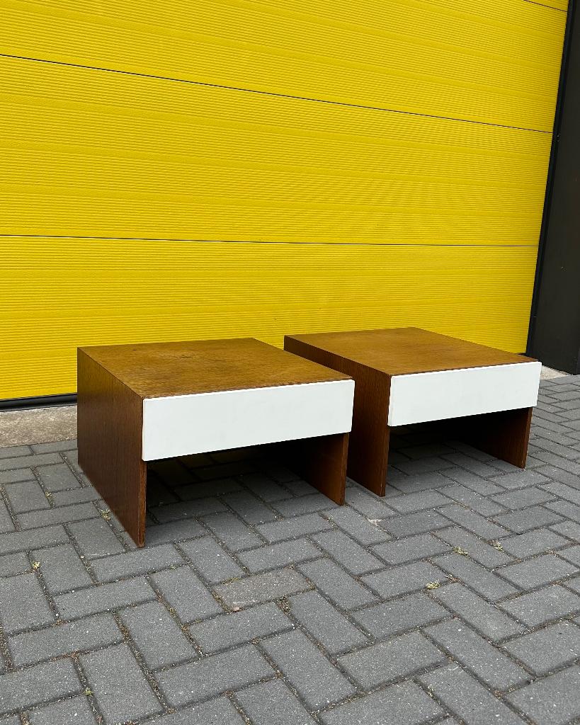 Vintage retro nachtkastjes / bijzettafel - houtfineer / wit, Ophalen, Gebruikt, 45 tot 65 cm, Minder dan 55 cm