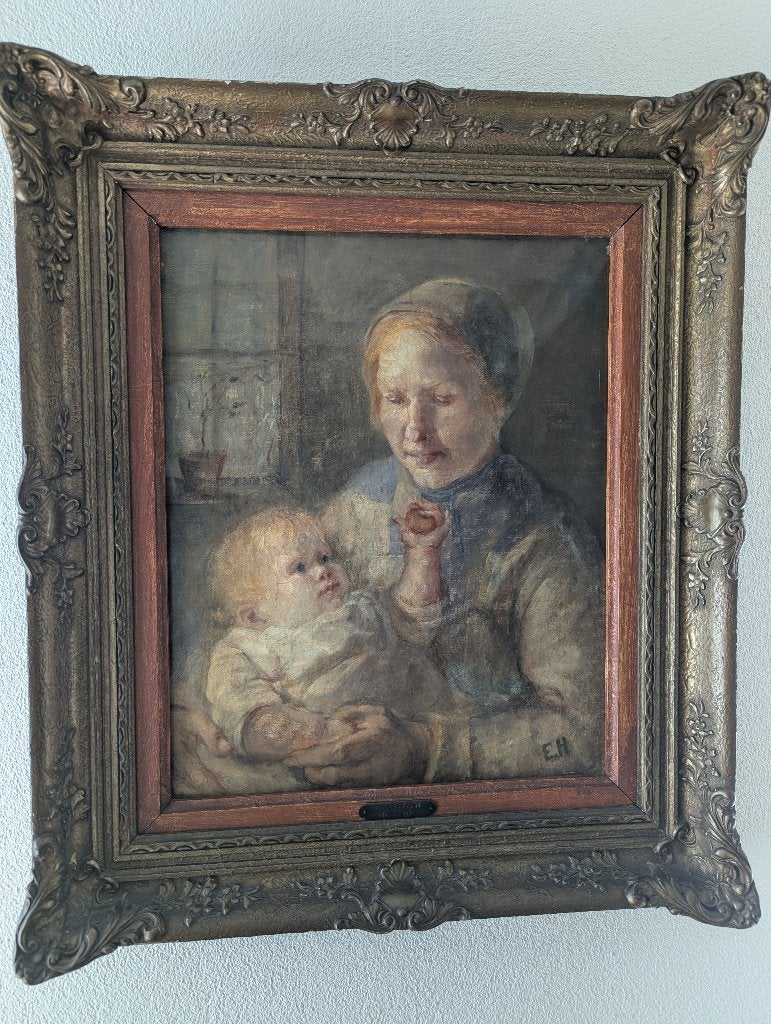 E. Hasselman - Moeder met kind (Olieverf op doek), Ophalen, Doek, Portret of Personen, Realistisch
