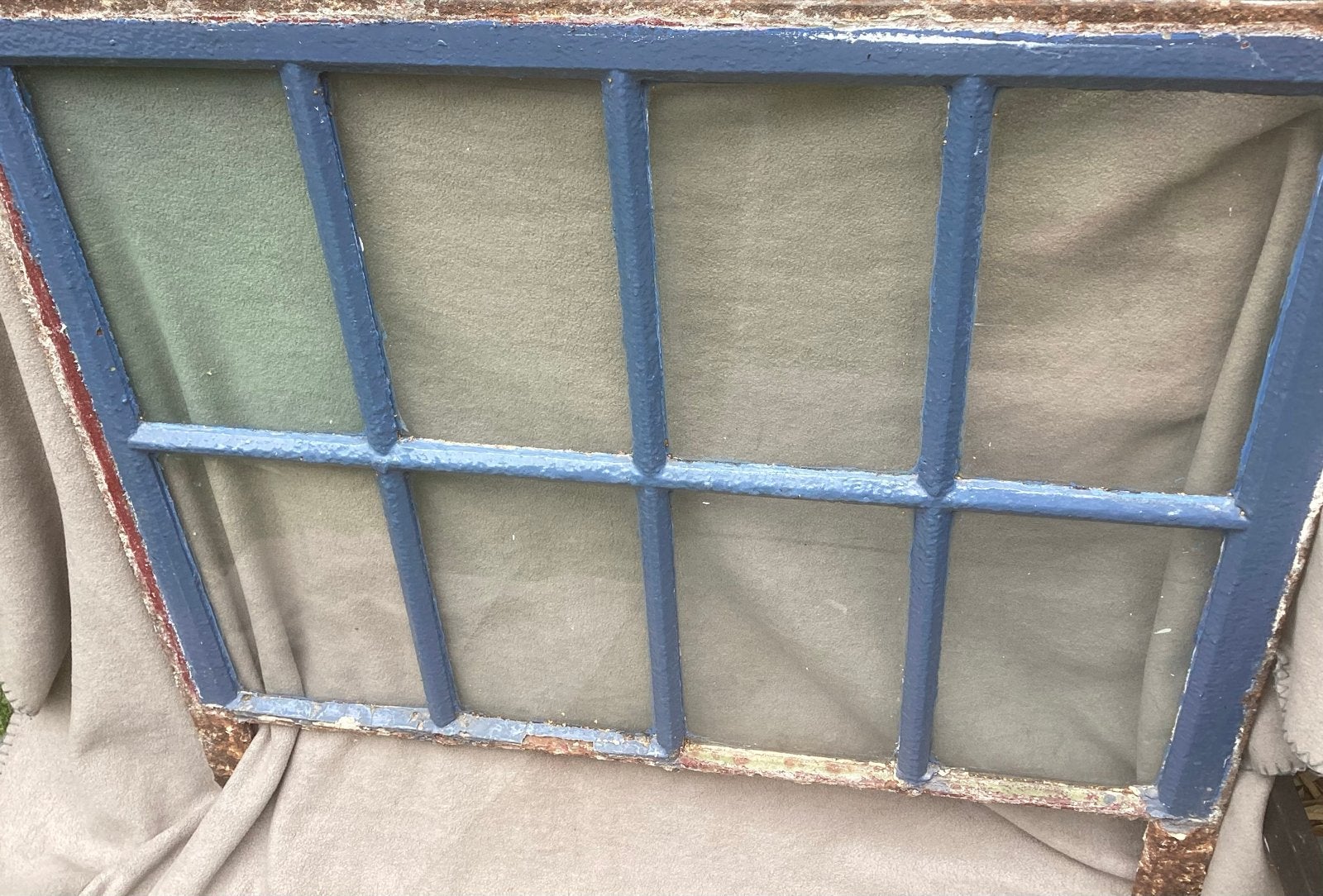 Antiek Oud raamkozijn met glas - Blauw geverfd, Ophalen, Gevelraam of Ruit, Gebruikt, Minder dan 80 cm