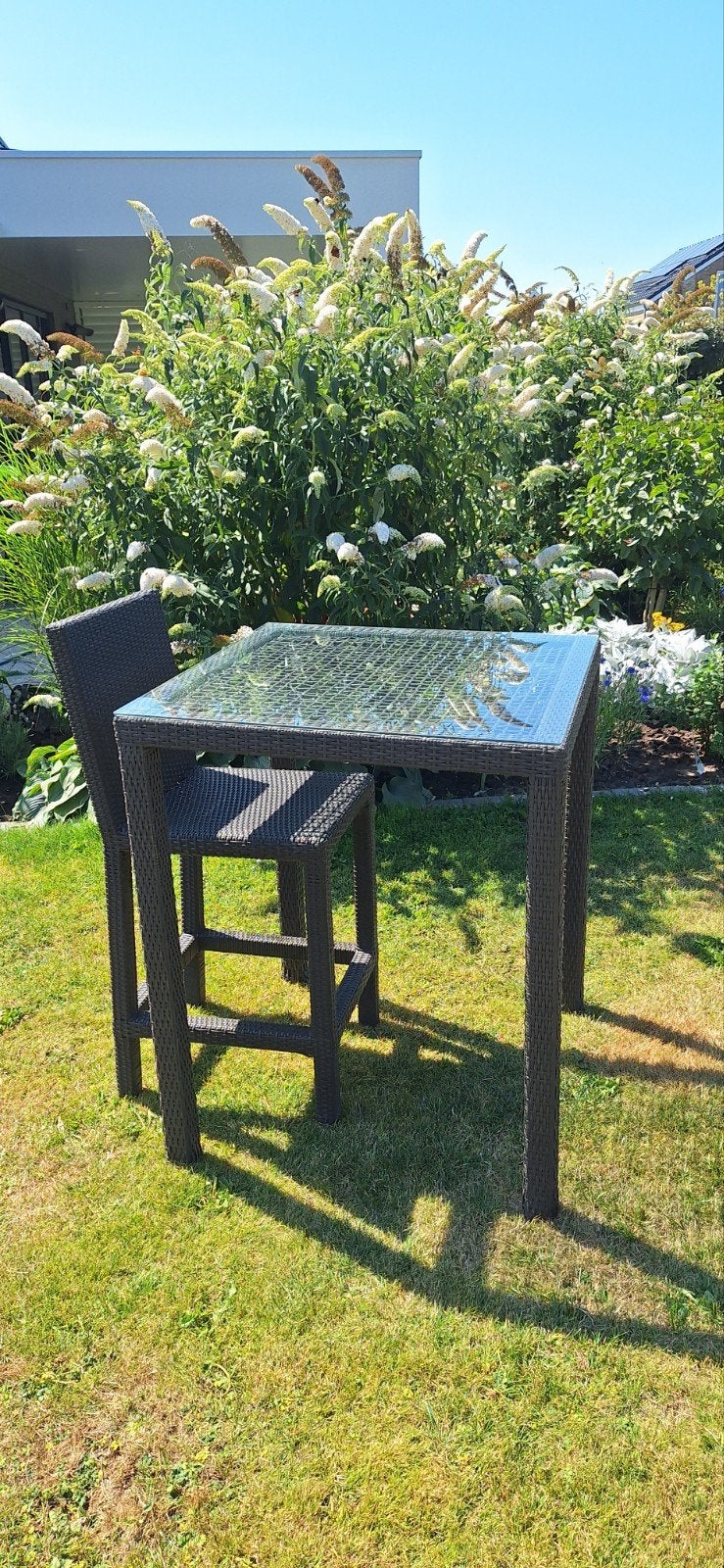 4 antraciete Wicker Barkrukken met Tafel - Tuinset, Ophalen, Gebruikt, Wicker