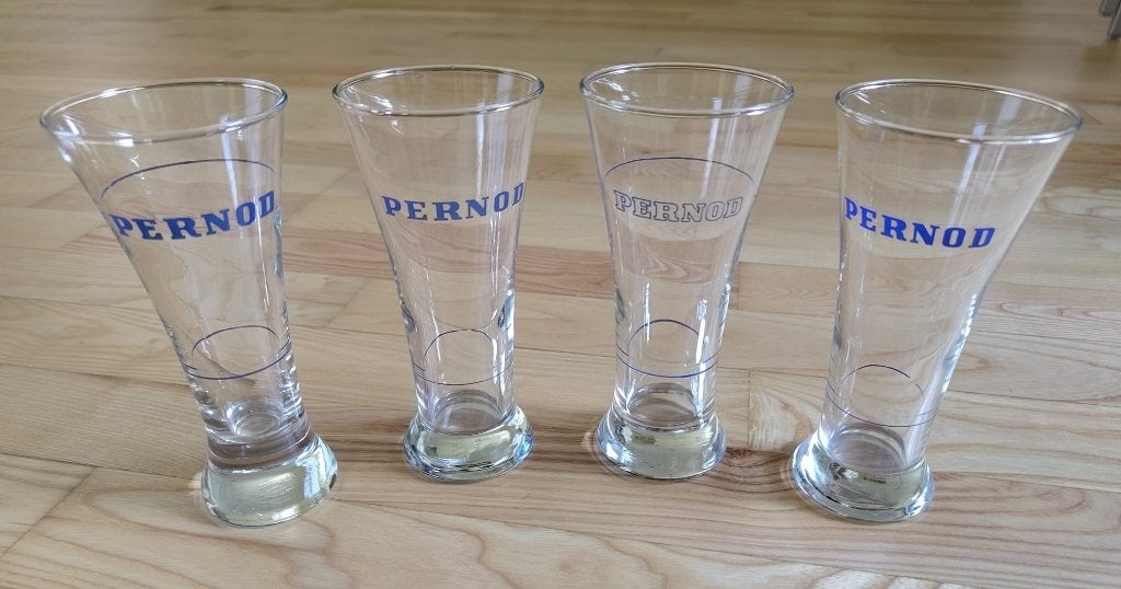 Pastis glas met opschrift Pernod 4 stuks vintage, Ophalen of Verzenden, Zo goed als nieuw, Borrel- of Shotglas
