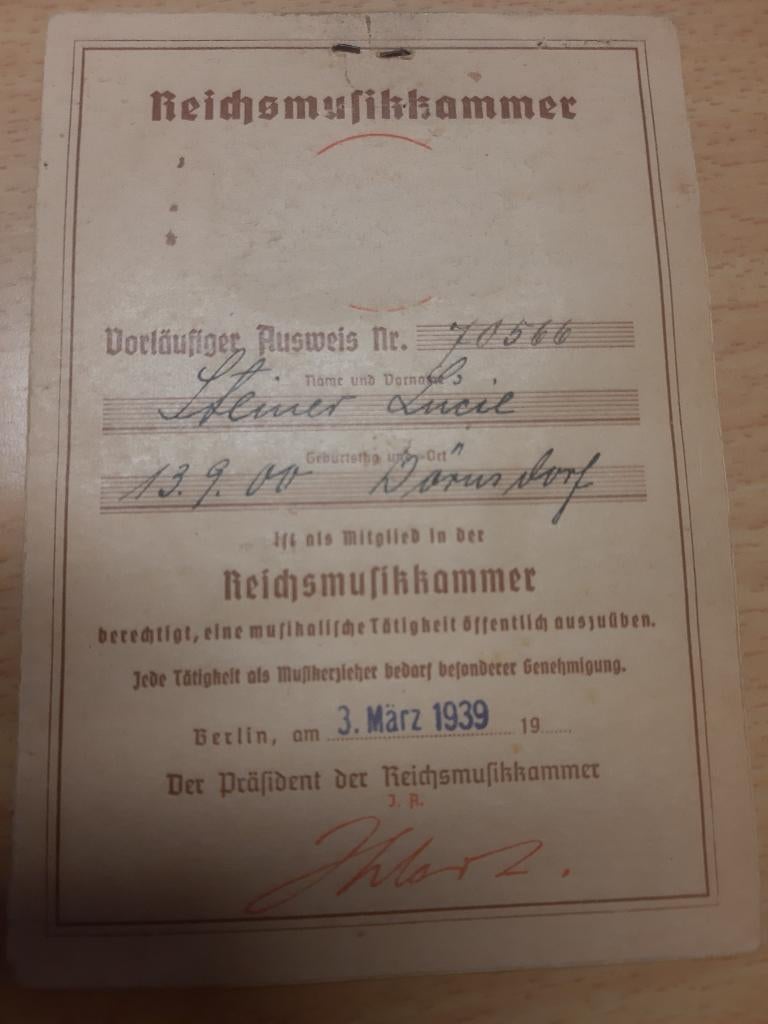 Vorläufiger Ausweis für Reichs Musikkammer (NSDAP 1939/44), Verzamelen, Verzenden, Landmacht, Duitsland, Boek of Tijdschrift