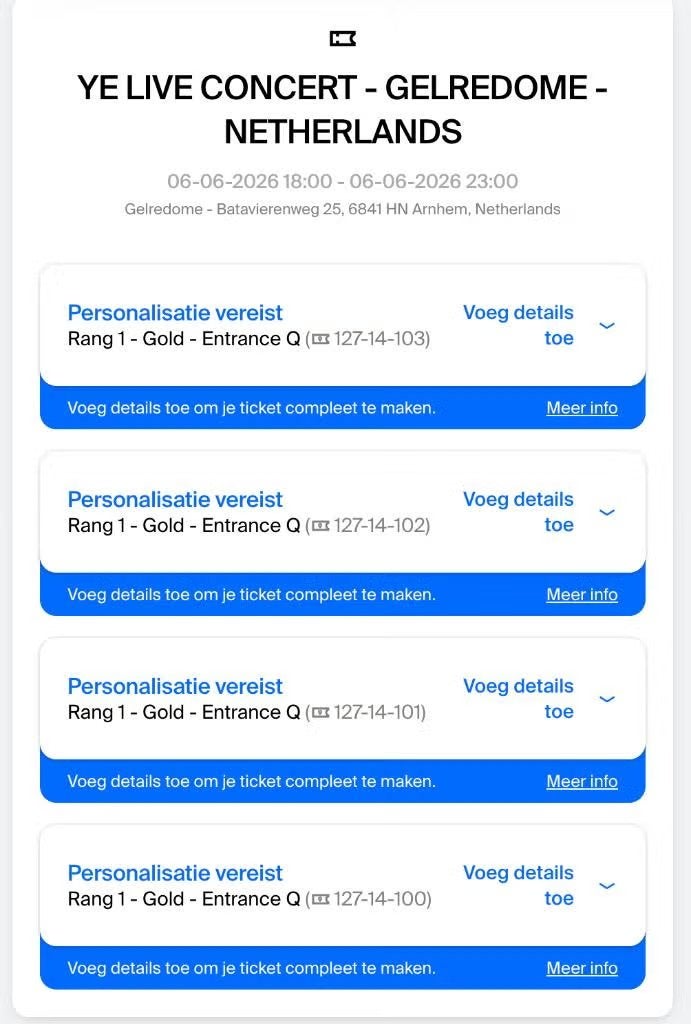 KANYE WEST - 6 JUNI - 4 TICKETS NAAST ELKAAR - RANG 1 GOLD, Tickets en Kaartjes, Drie personen of meer, Juni