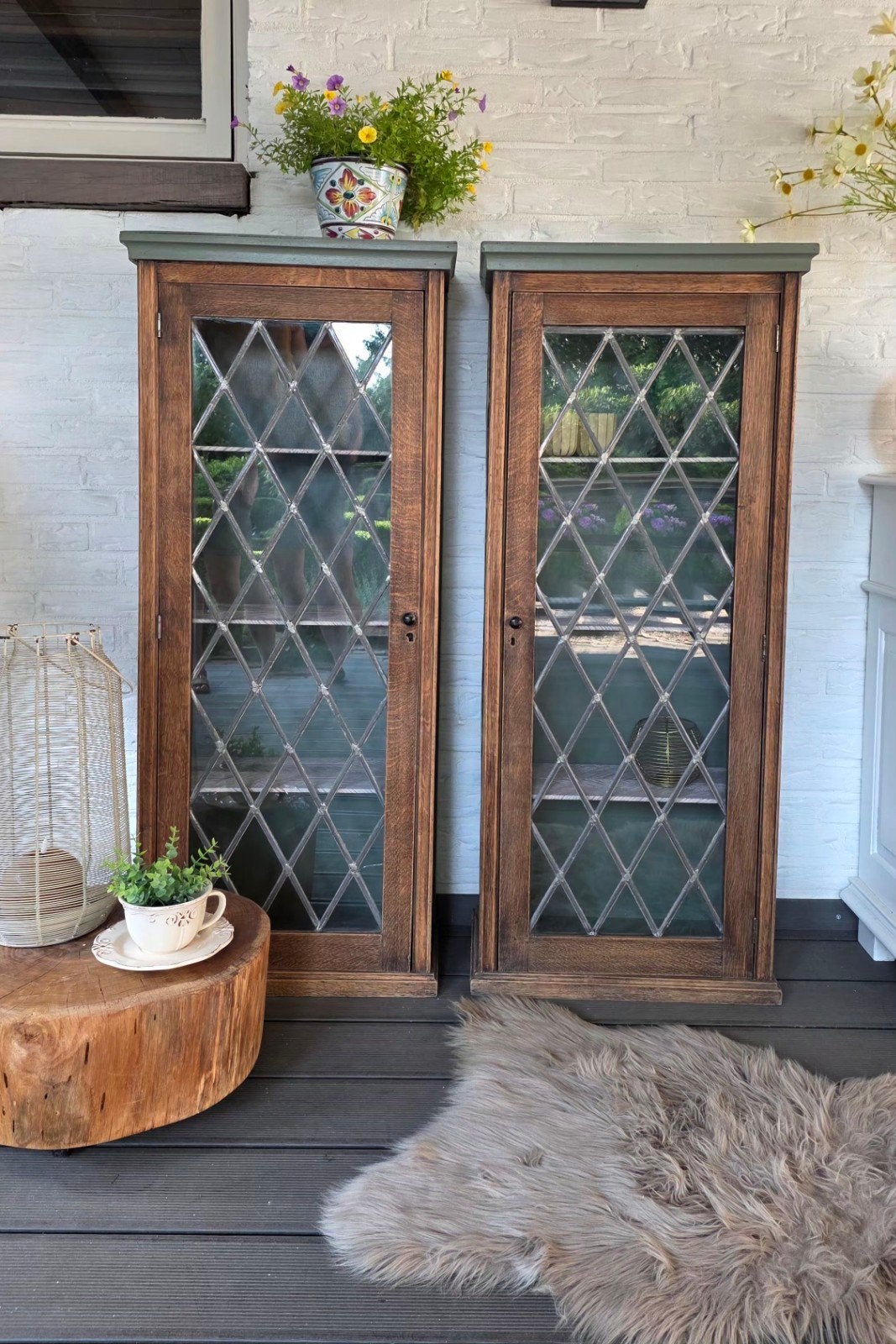 Set brocante vintage kastjes met glas in lood deurtjes, Ophalen, 50 tot 100 cm, Glas, 25 tot 50 cm