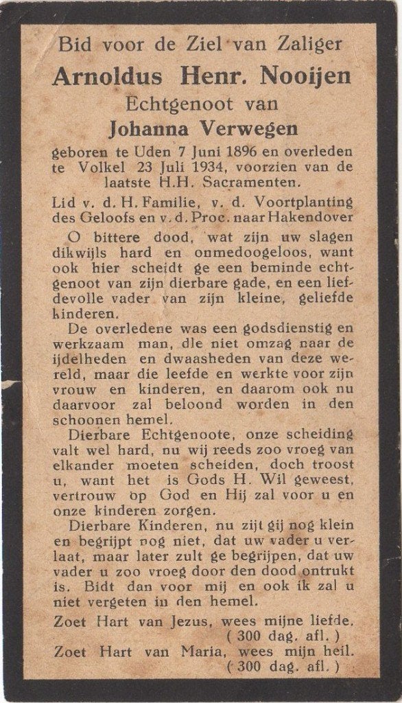 Arnoldus H. Nooijen 1896 Uden + 1934 Volkel, 38 jaar oud, Verzamelen, Ophalen of Verzenden