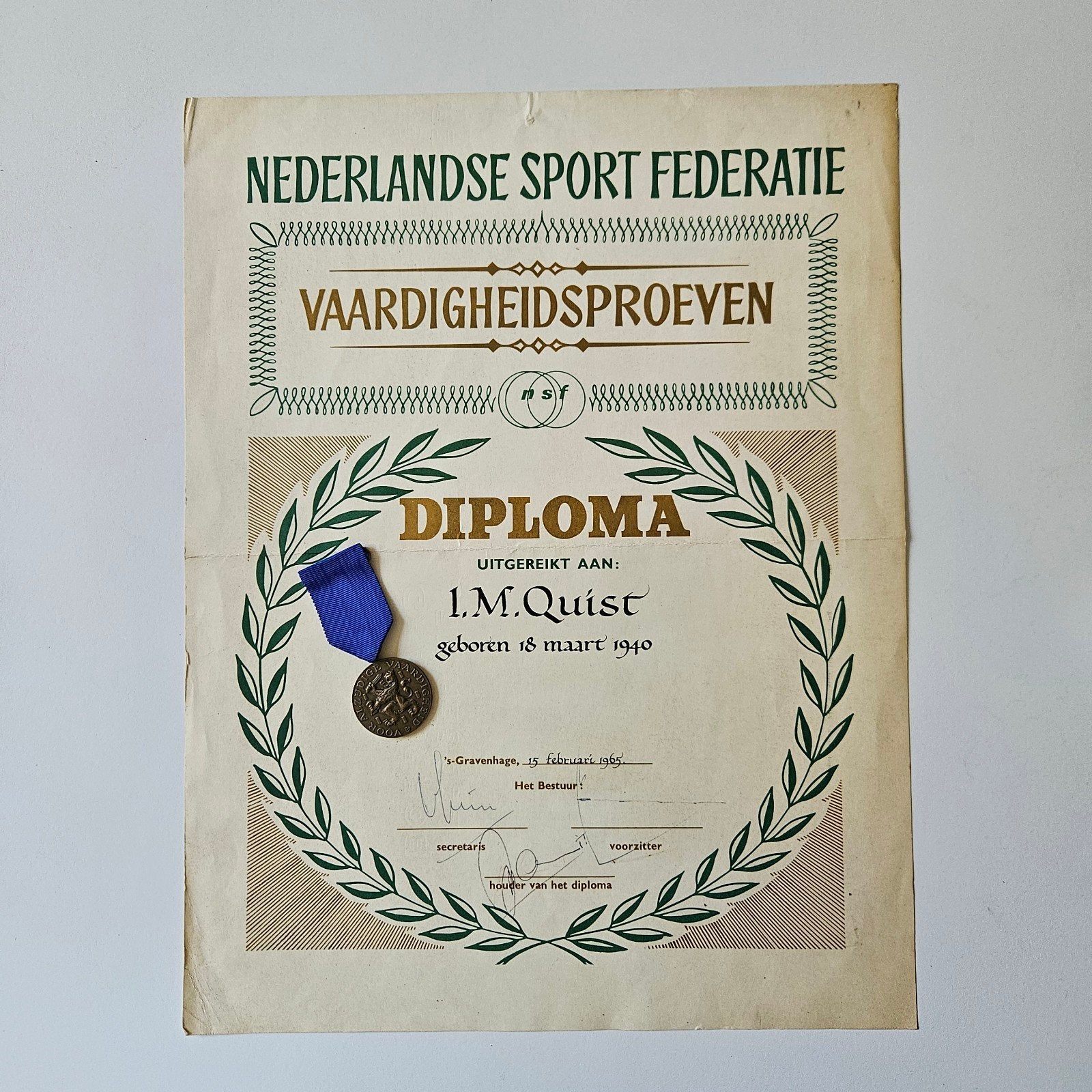 NSF medaille brons met oorkonde Diploma, Verzamelen, Ophalen of Verzenden, Landmacht, Nederland, Lintje, Medaille of Wings