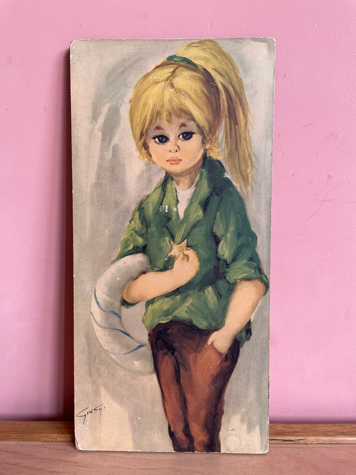 Vintage schilderij van meisje met paardenstaart, gesigneerd, Paneel, Portret of Personen, Realistisch, Ophalen of Verzenden