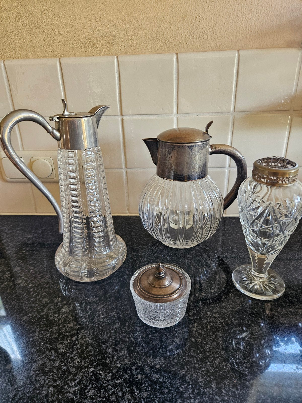 div. kristal met koper, tin en verzilverd, Ophalen