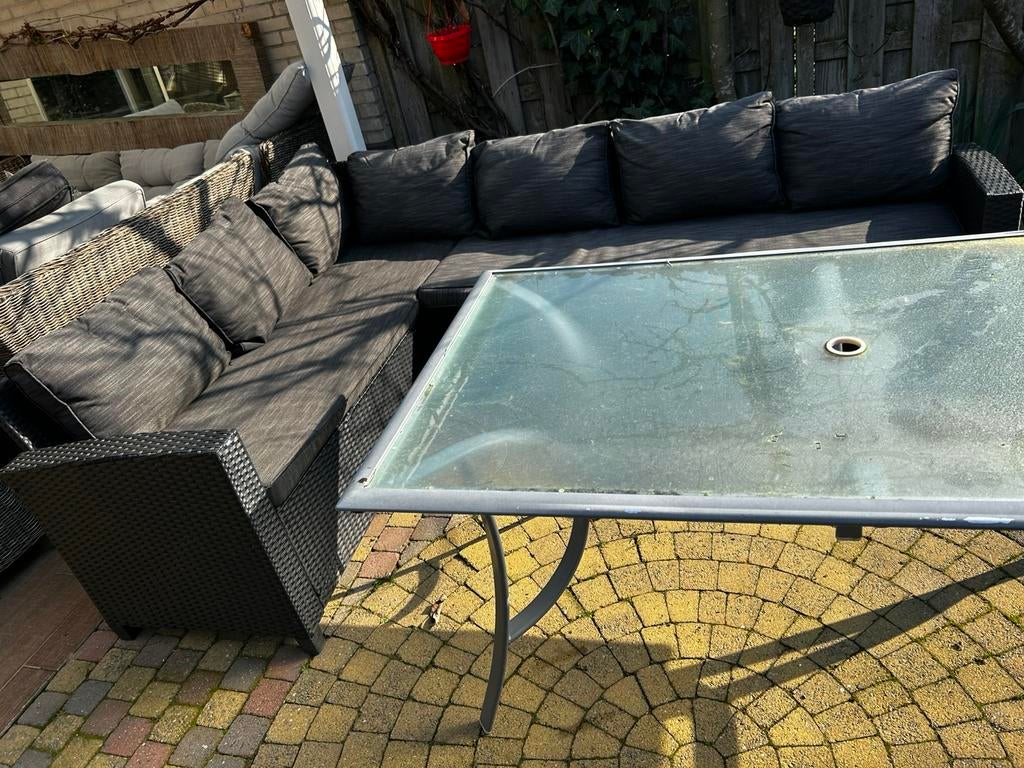 Zwart antraciet wicker loungeset diningset hoekbanl, Tuin en Terras, Tuinsets en Loungesets, Zo goed als nieuw, Wicker, Ophalen