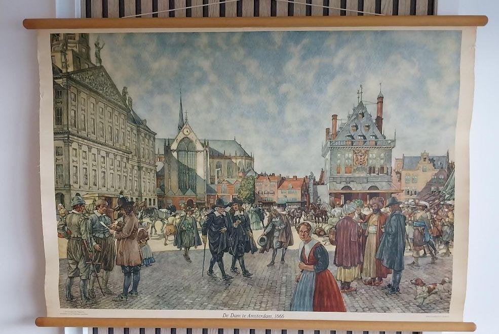 Schoolplaat vintage De Dam Amsterdam 1666 J.H. Isings ZGAN, Ophalen, Geschiedenis