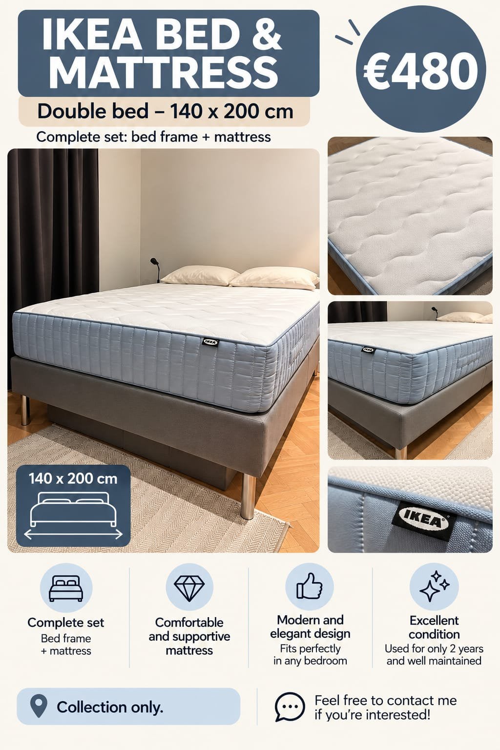 IKEA double bed, Ophalen of Verzenden, Zo goed als nieuw, Tweepersoons, 140 cm