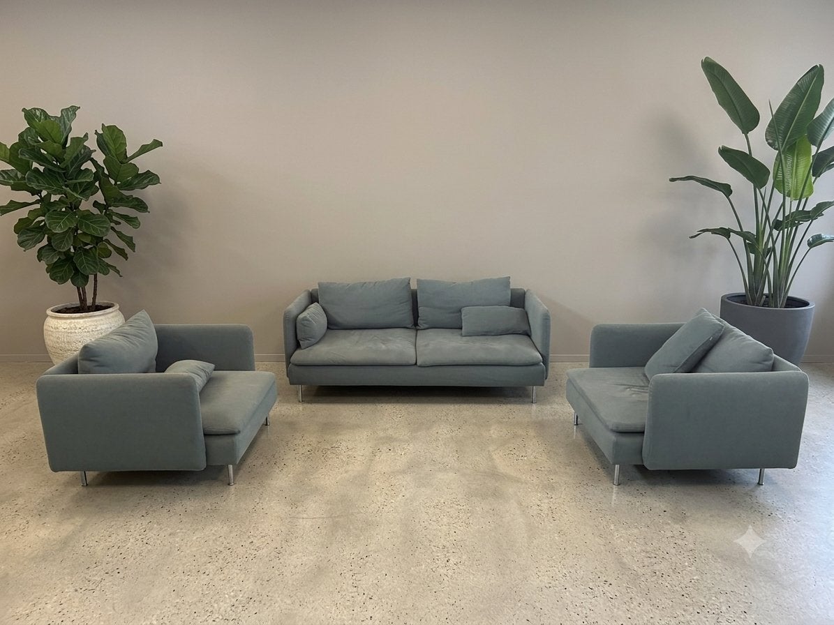 SÖDERHAMN Ikea 2-zitsbank en 2 fauteuils - Lichtblauw stof, Ophalen, 150 tot 200 cm, Tweepersoons, 75 tot 100 cm