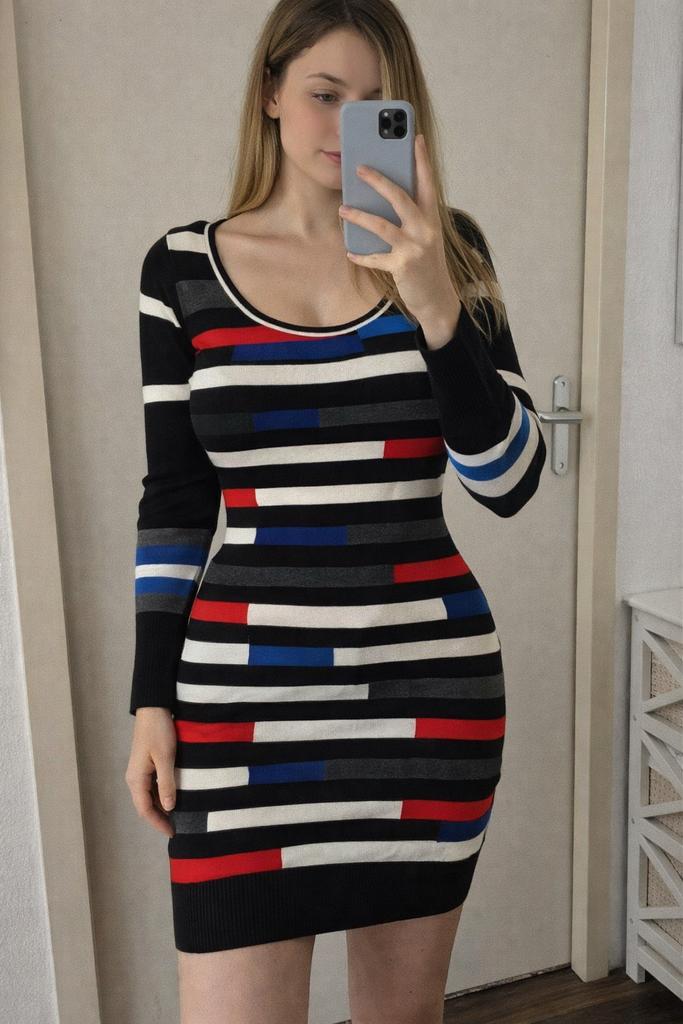Nieuw súperzachte Mondriaan-stijl kleurrijke gebreide jurk L, Kleding | Dames, Jurken, Overige kleuren, Maat 42/44 (L), Nieuw