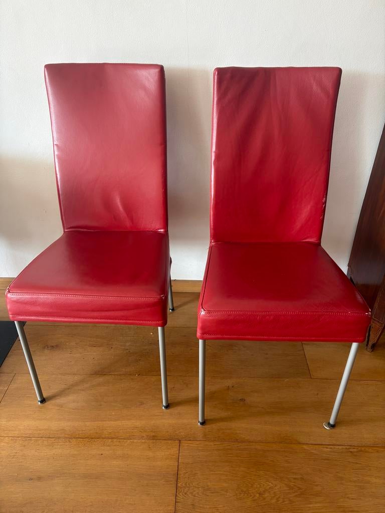 Zes rode leren eetkamerstoelen, Ophalen, Strak, Gebruikt, Leer