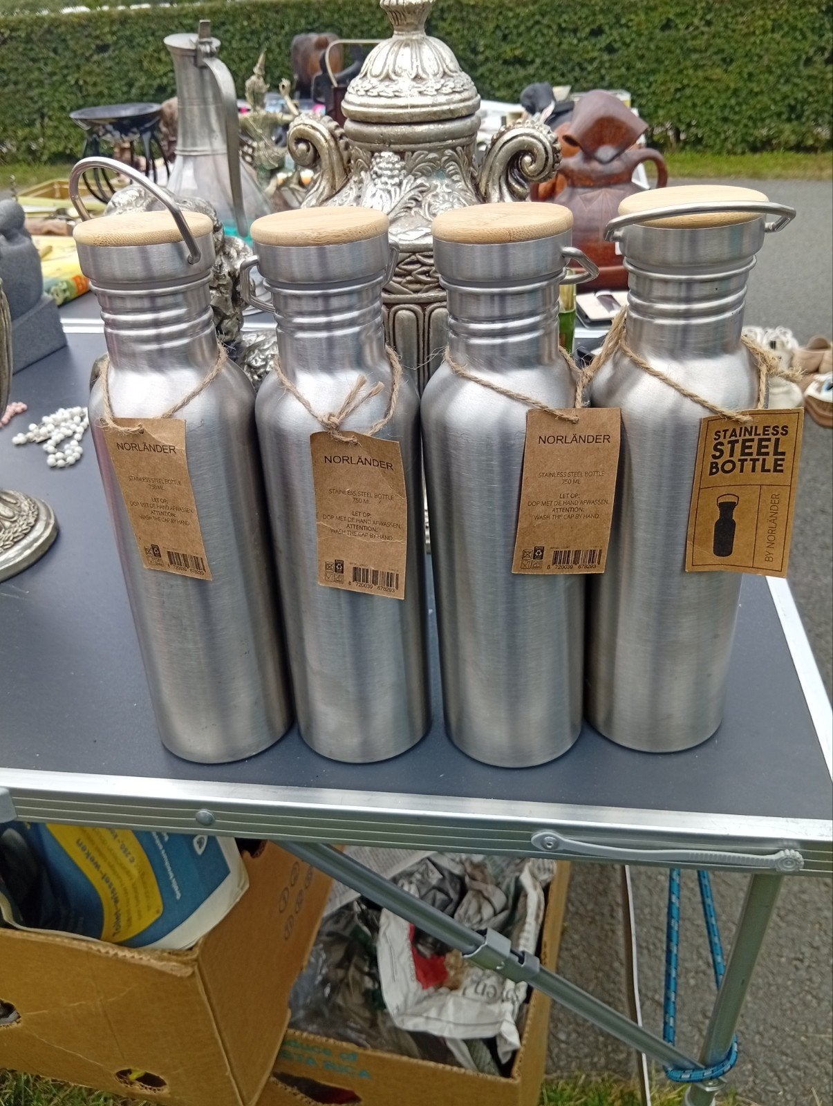 4x Norlander RVS drinkfles met bamboe dop - Nieuw, Overige typen, Ophalen of Verzenden, Metaal, Overige merken