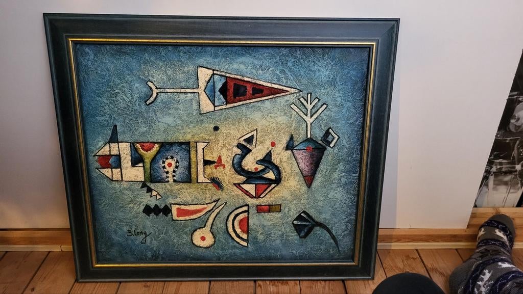 Abstract Kunstwerk B. Long - Uniek en Kleurrijk Schilderij, Antiek en Kunst, Kunst | Schilderijen | Abstract, Ophalen