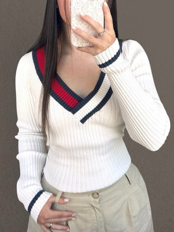 Tommy Hilfiger V-hals trui wit met strepen, Ophalen of Verzenden, Zo goed als nieuw, Maat 36 (S), Wit