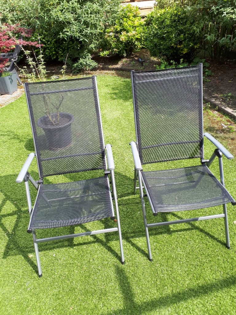 2 verstelbare tuinstoelen incl kussens, Ophalen, Gebruikt, Kunststof, Verstelbaar