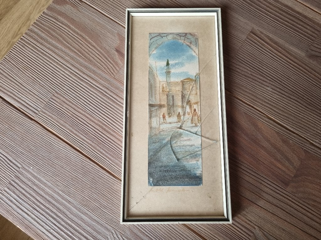 Mooi Antiek Vintage Aquarel in Lijst van het Oude Jeruzalem, Verzenden, Tekening, Aquarel, Ingelijst