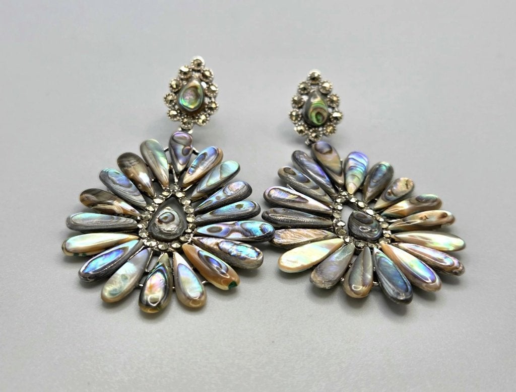 Zilveren oorbellen marcasietjes en abalone schelp. 2026/737