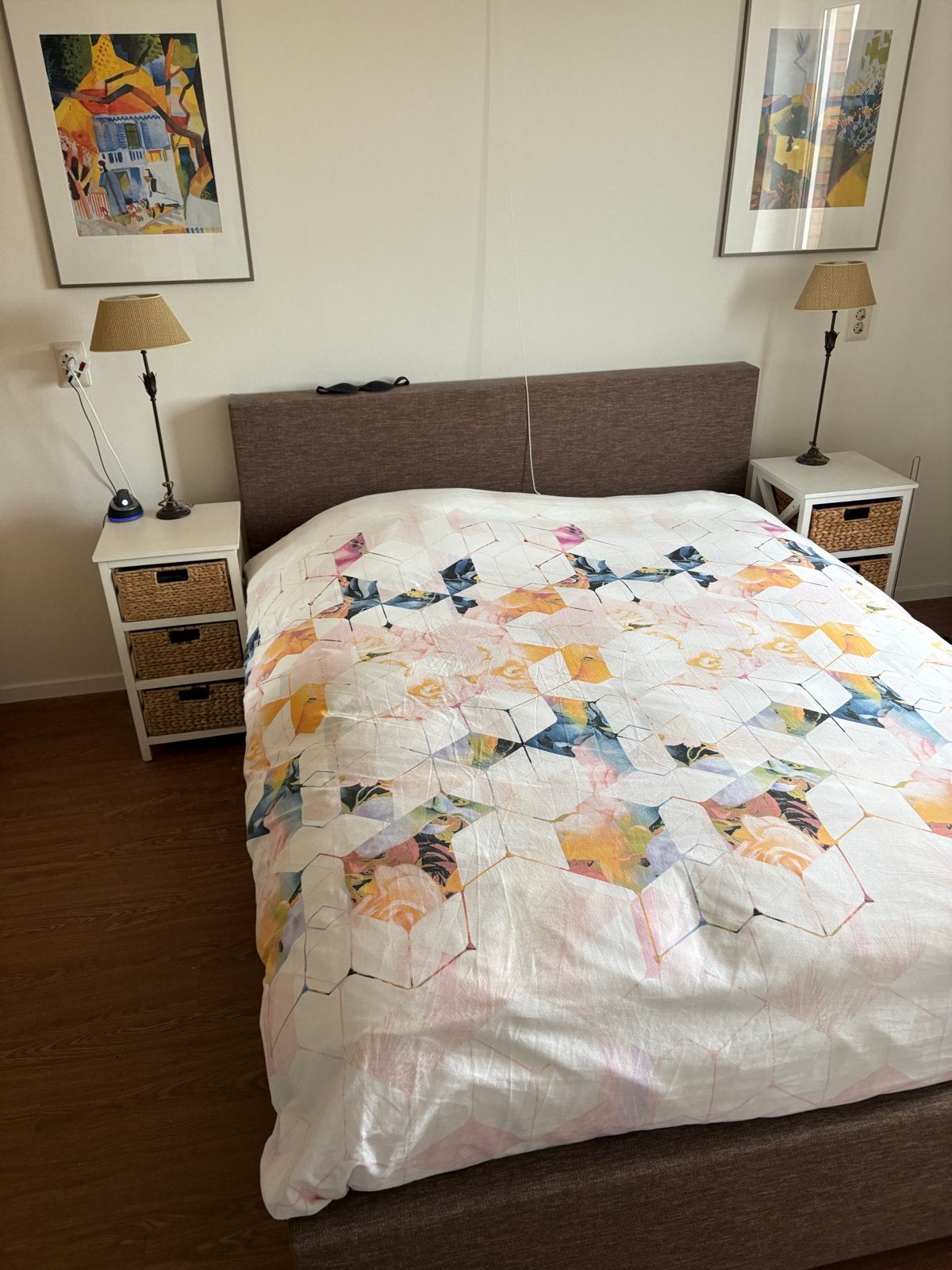 Tweepersoonsbed met lattenbodems en matras, Ophalen, Gebruikt, Bruin, Tweepersoons