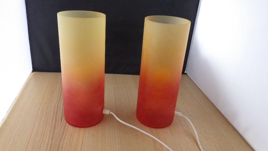twee kleurrijke glazen tafellampen, Ophalen of Verzenden, Gebruikt, Glas, Minder dan 50 cm