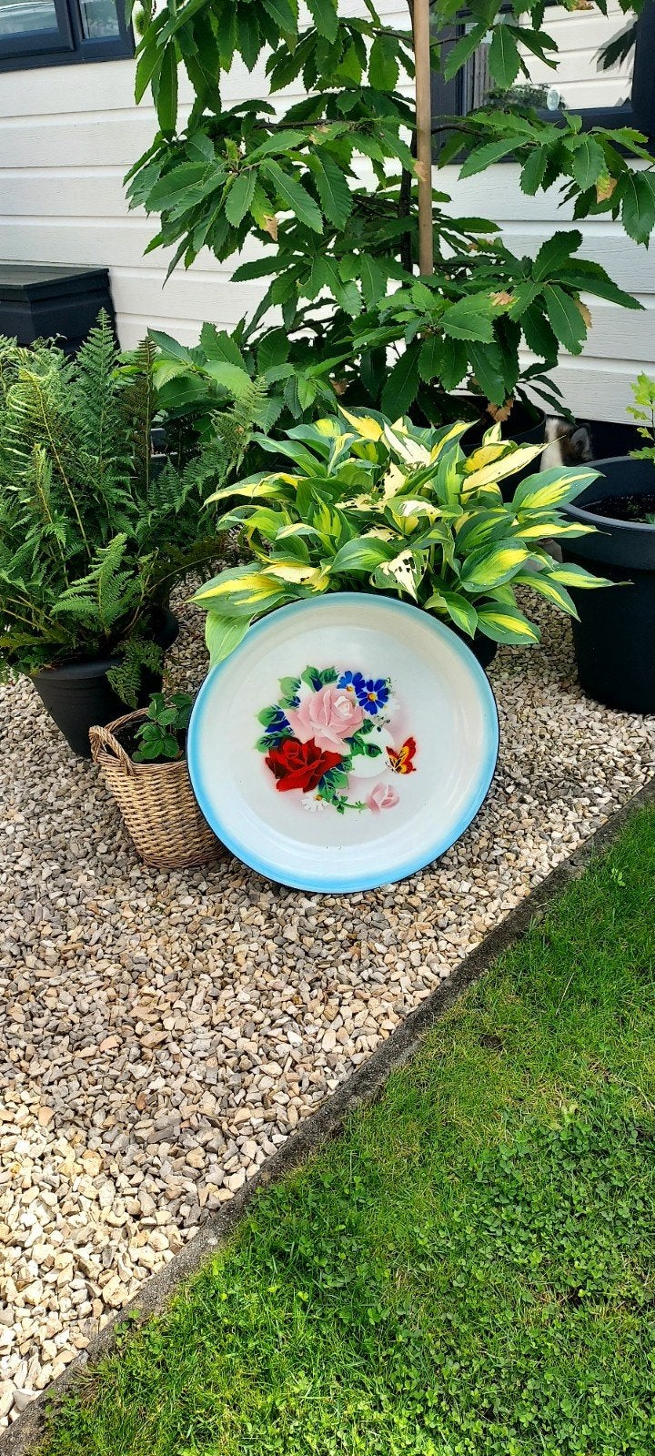 Emaille schaal groot met bloemen, Antiek en Kunst, Antiek | Emaille, Ophalen of Verzenden