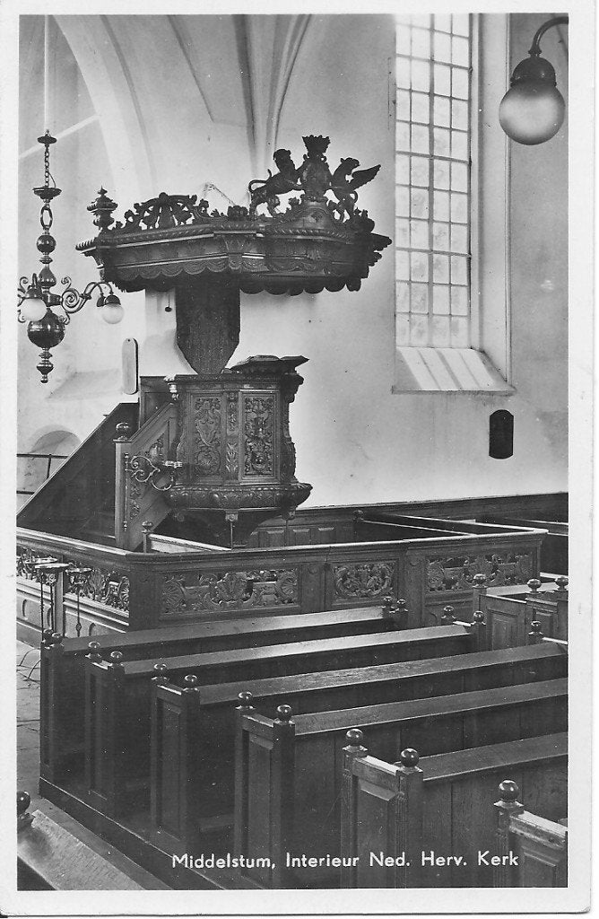 Middelstum, Interieur Ned. Herv. Kerk - Oude Ansichtkaart, Ophalen of Verzenden, 1940 tot 1960, Gelopen, Groningen