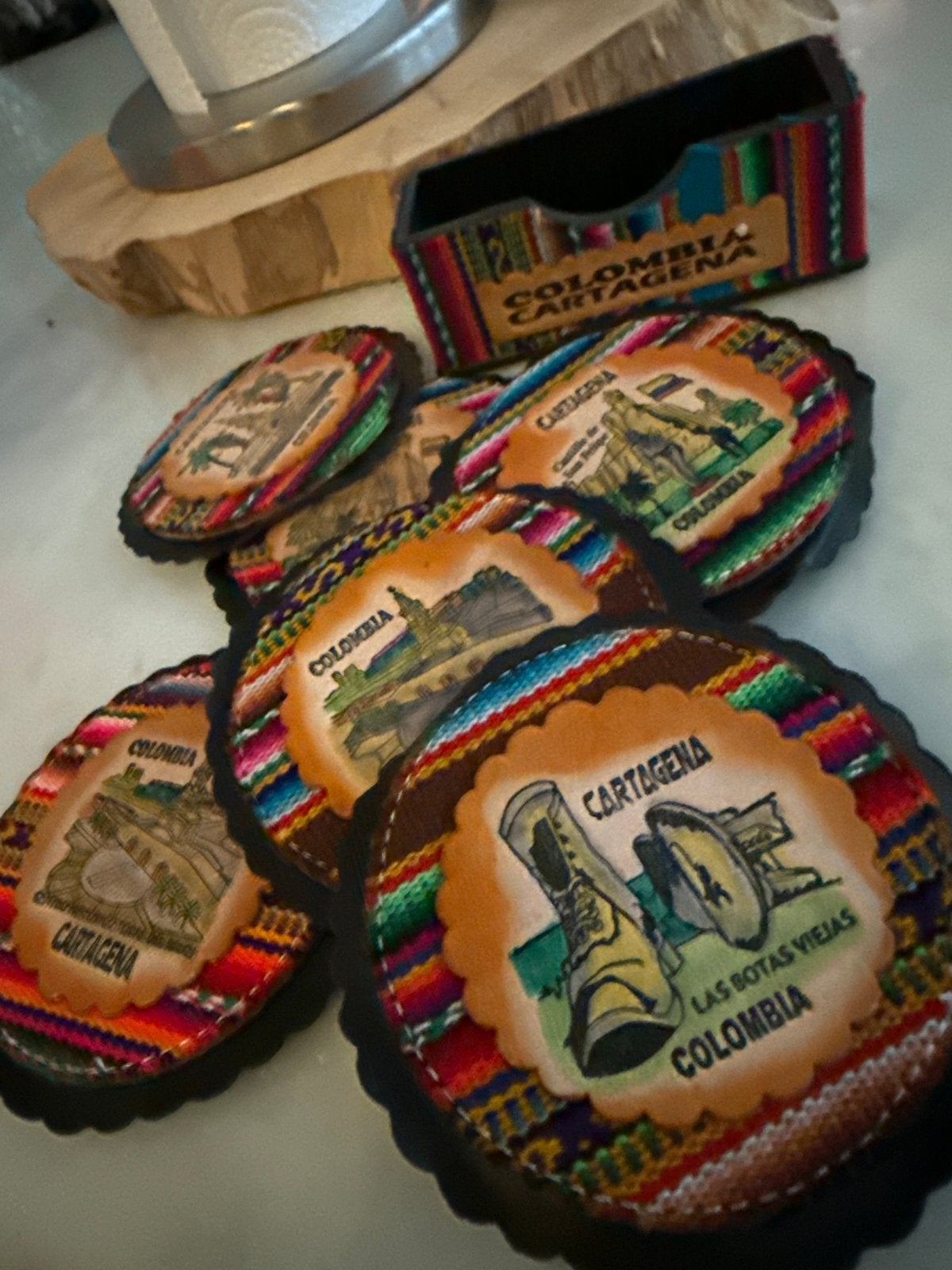 Onderzetters Colombia Cartagena - Set van 6 met houder, Ophalen of Verzenden, Meerkleurig, Leer, Oosters
