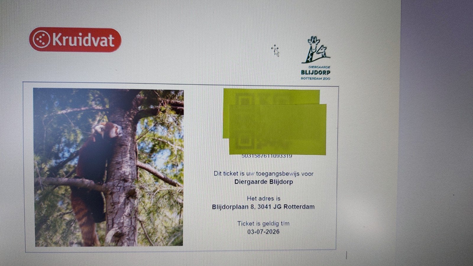2 Toegangskaarten Diergaarde Blijdorp Rotterdam, Tickets en Kaartjes, Eén persoon, Ticket of Toegangskaart
