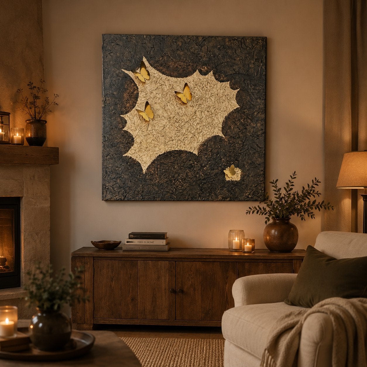 Abstract schilderij 80x80 cm met messing vlinders, Ophalen