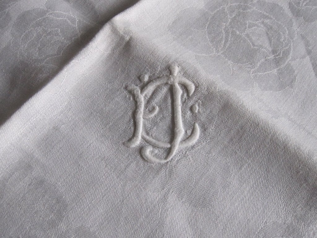 Antiek damasten dekservet met monogram JE - rozenpatroon, Ophalen of Verzenden