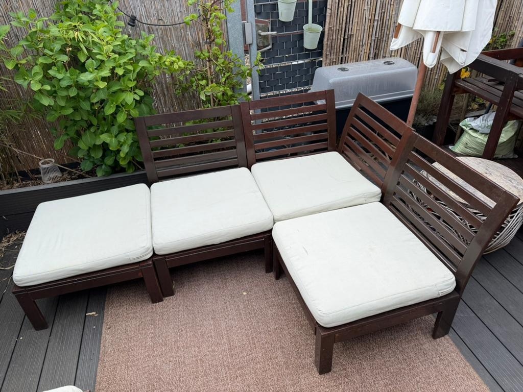 Ikea applaro tuinset kussens beige hout bruin lounge bank, Ophalen, Gebruikt, Hout, Hocker