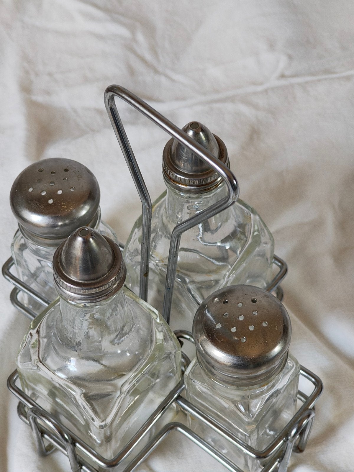 Vintage Olie & Azijn Set met Zout- en Pepervaatjes, Ophalen, Zilver, Overige merken, Glas