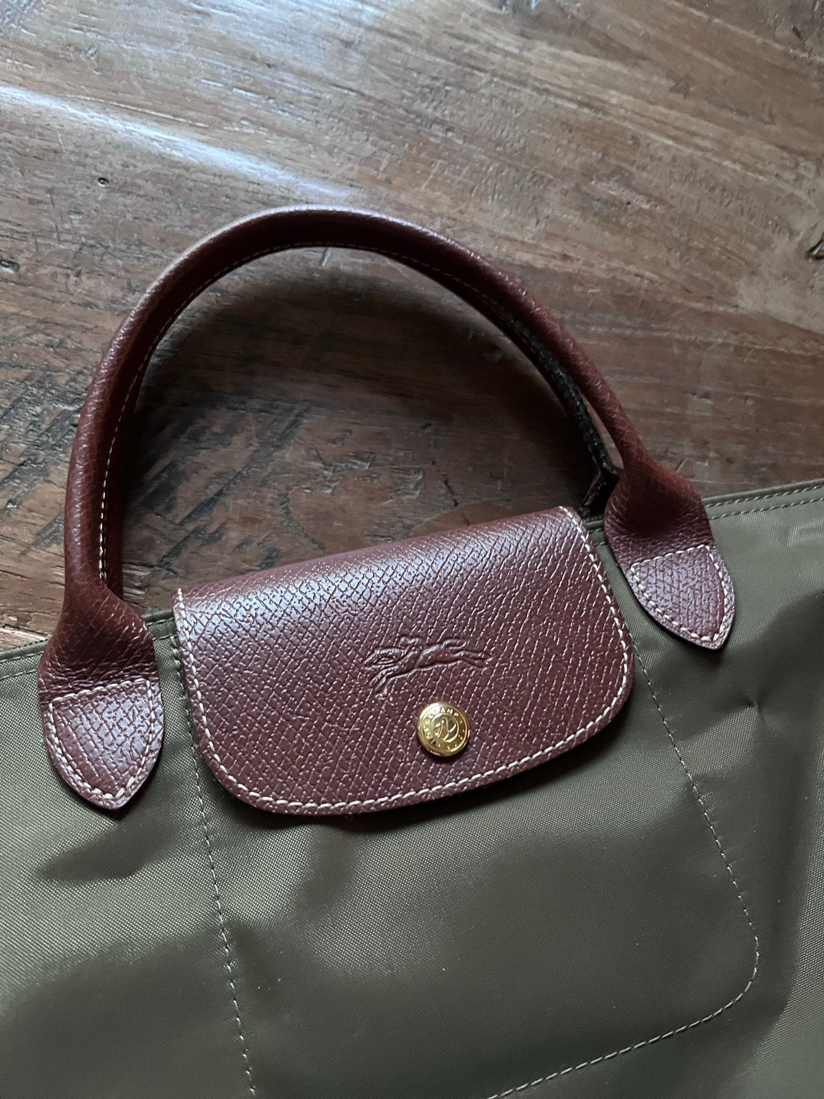 Longchamp Le Pliage Handtas - Olijfgroen. Mt M, Ophalen, Gebruikt, Groen, Handtas