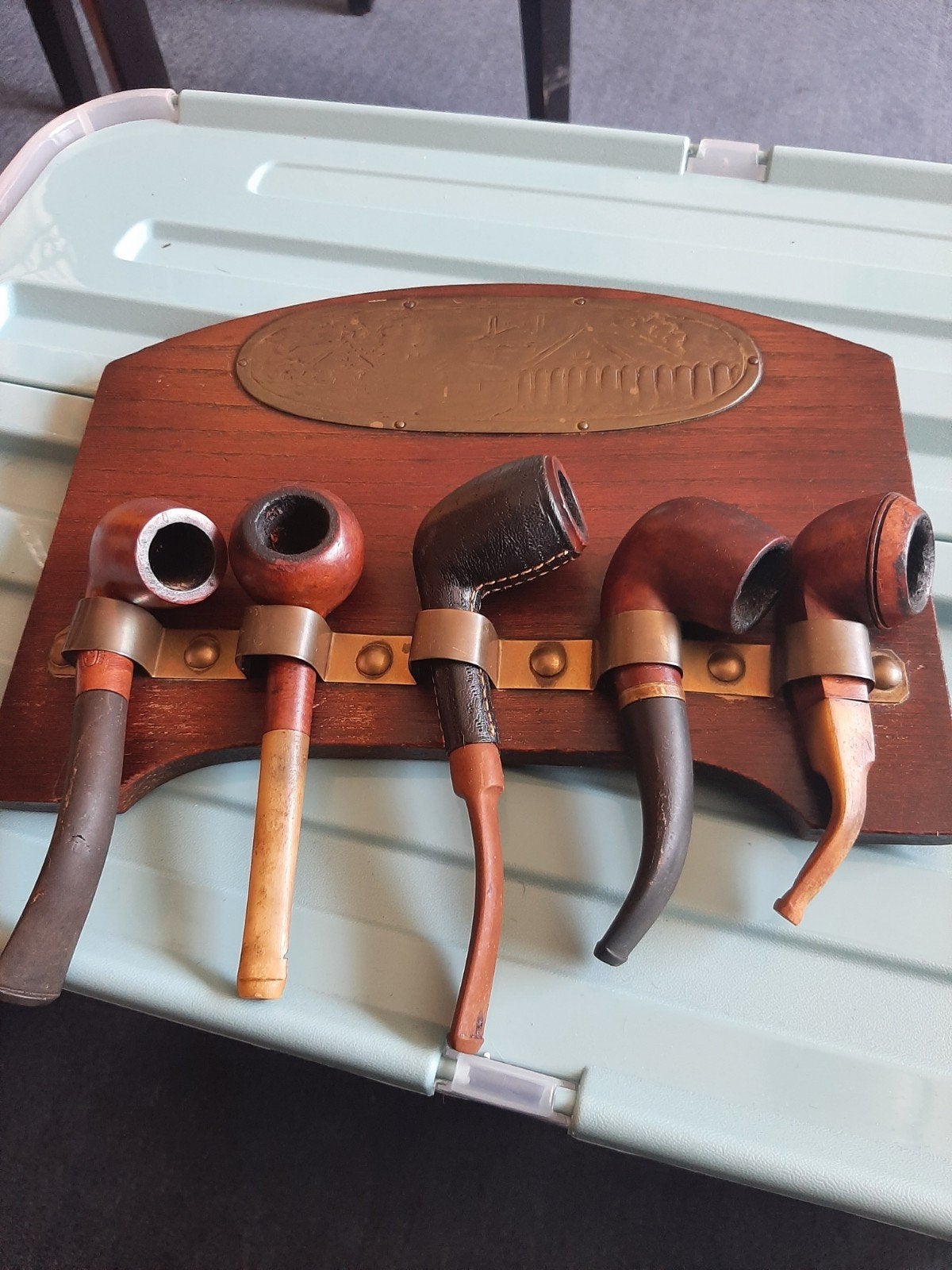 Vintage pijpenrek met 5 tabakspijpen - Real Briar, K&P, AFL, Ophalen, Gebruikt, (Water)pijp