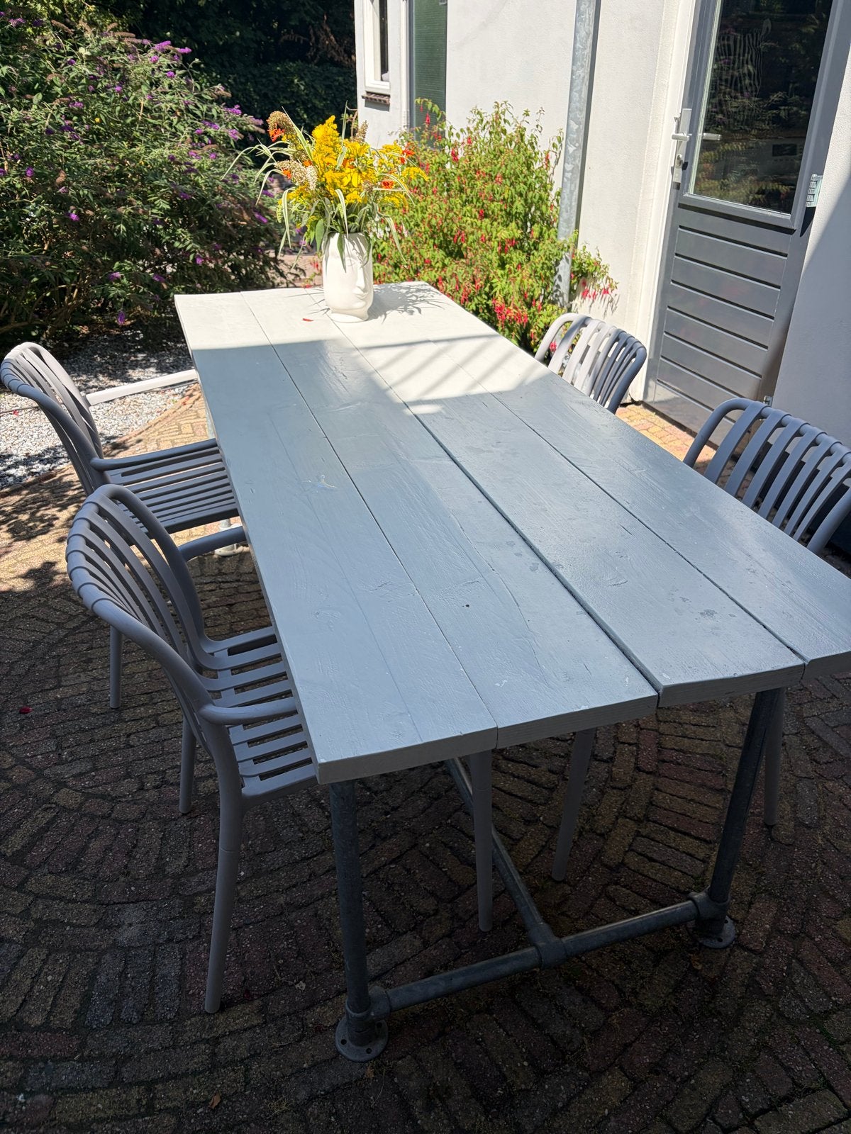Steigerbuizen tafel - 210x78x80 cm - Robuust en aanpasbaar, Ophalen of Verzenden, Gebruikt, Rechthoekig, Metaal
