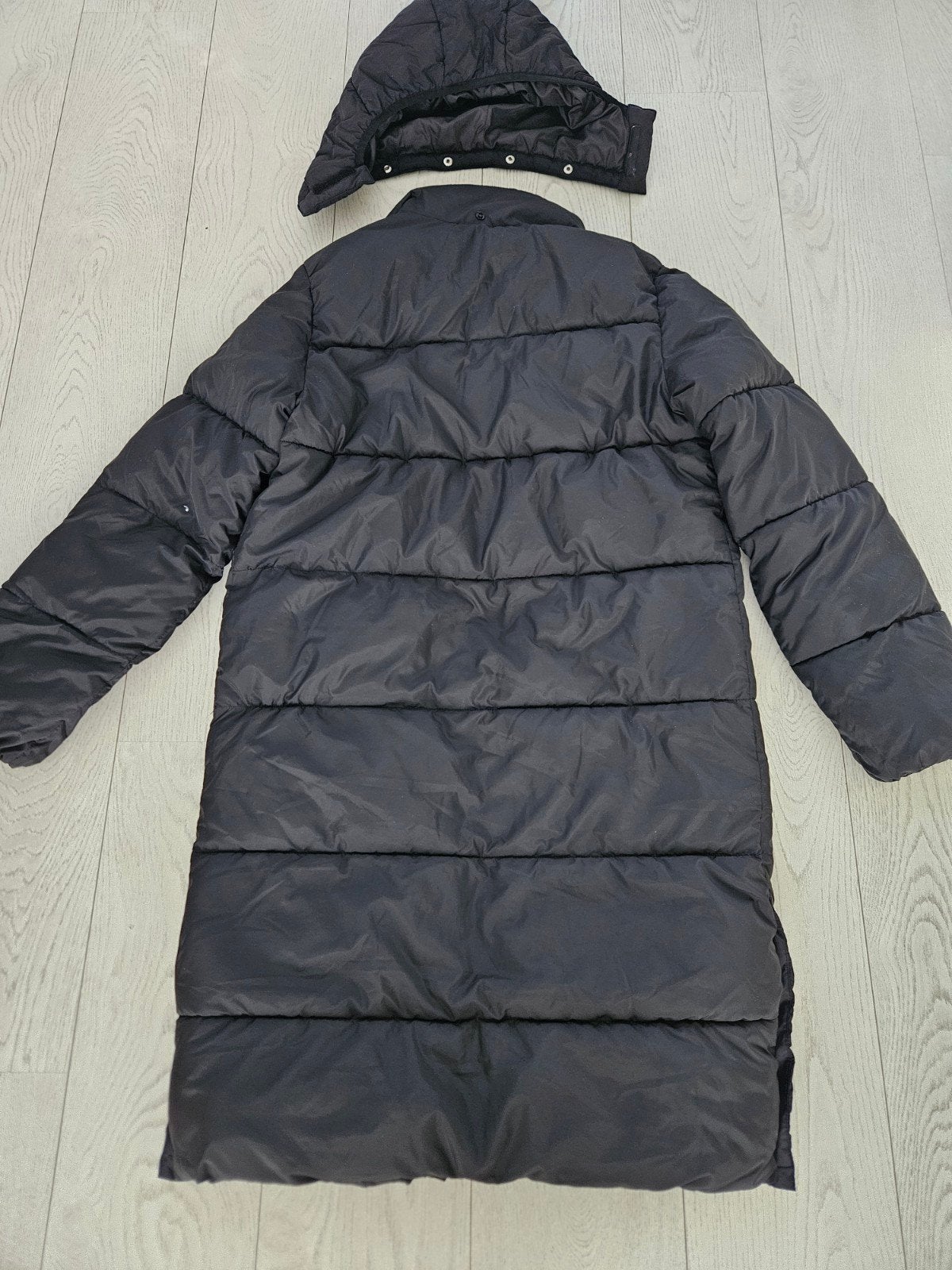 H&M Zwarte Lange Puffer Jas - Maat 170 (XS), H&M, Zwart, Ophalen of Verzenden, Zo goed als nieuw
