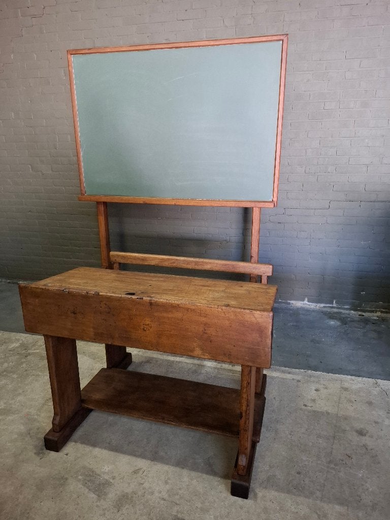 Antieke Houten Schoolbank met Groot Schoolbord Complete Set, Ophalen