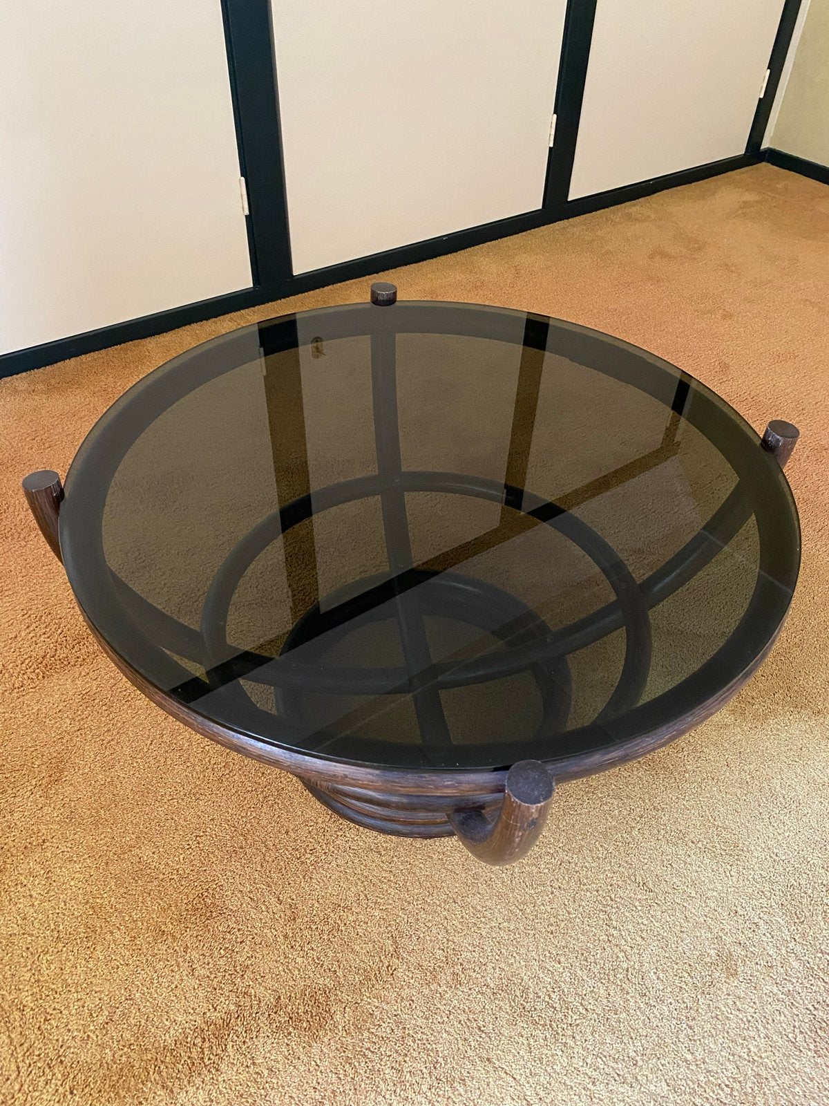 Vintage Salontafel met Glazen Blad en Rotan Onderstel, Ophalen, 50 – 75, Gebruikt, Rond