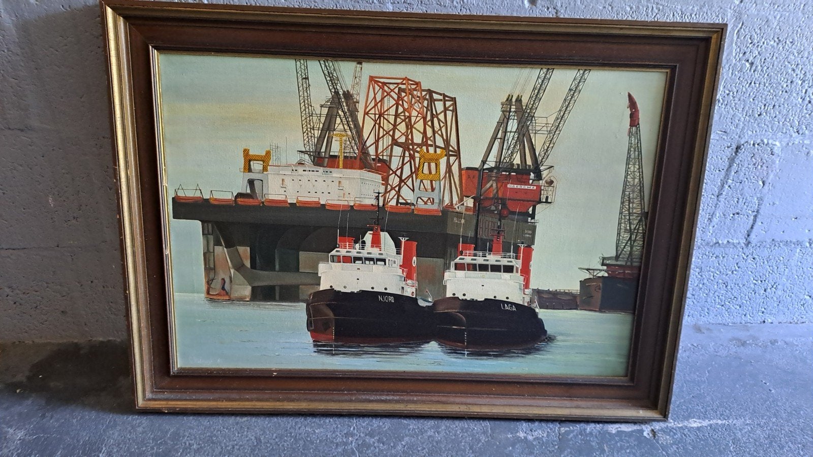 Schilderij boorplatform door L. Molenwijk, Maritiem / water, Nederlandse school, Doek, Gesigneerd