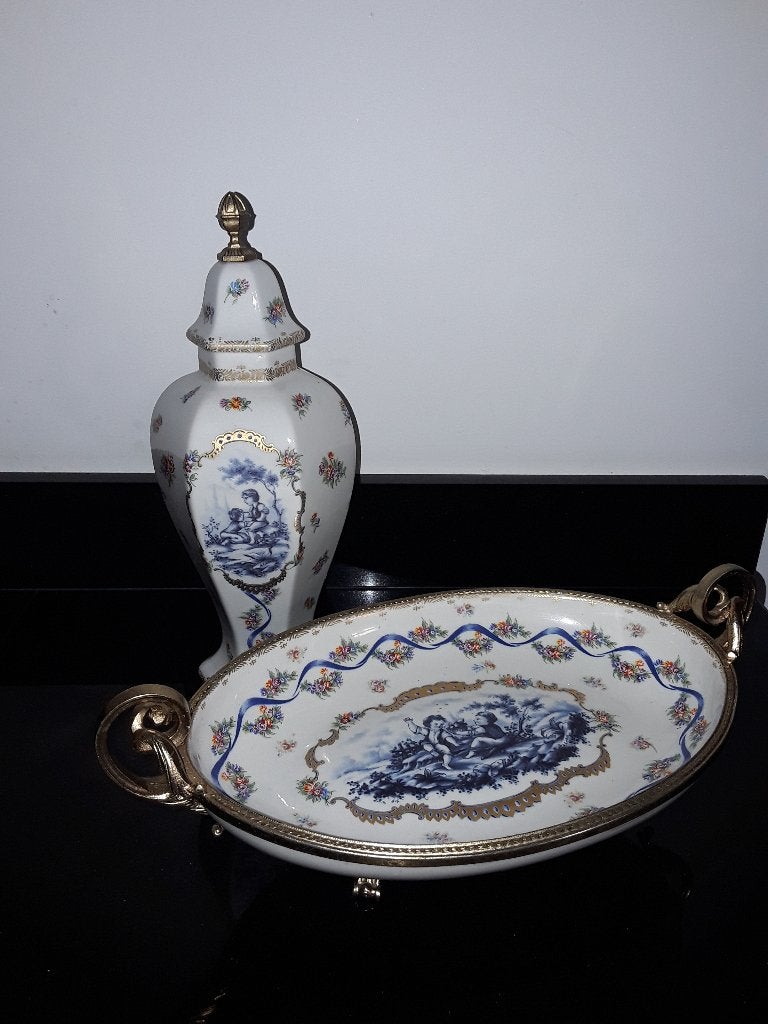 Chique schaal&dekselvaas decor a la Meissen, Verzenden