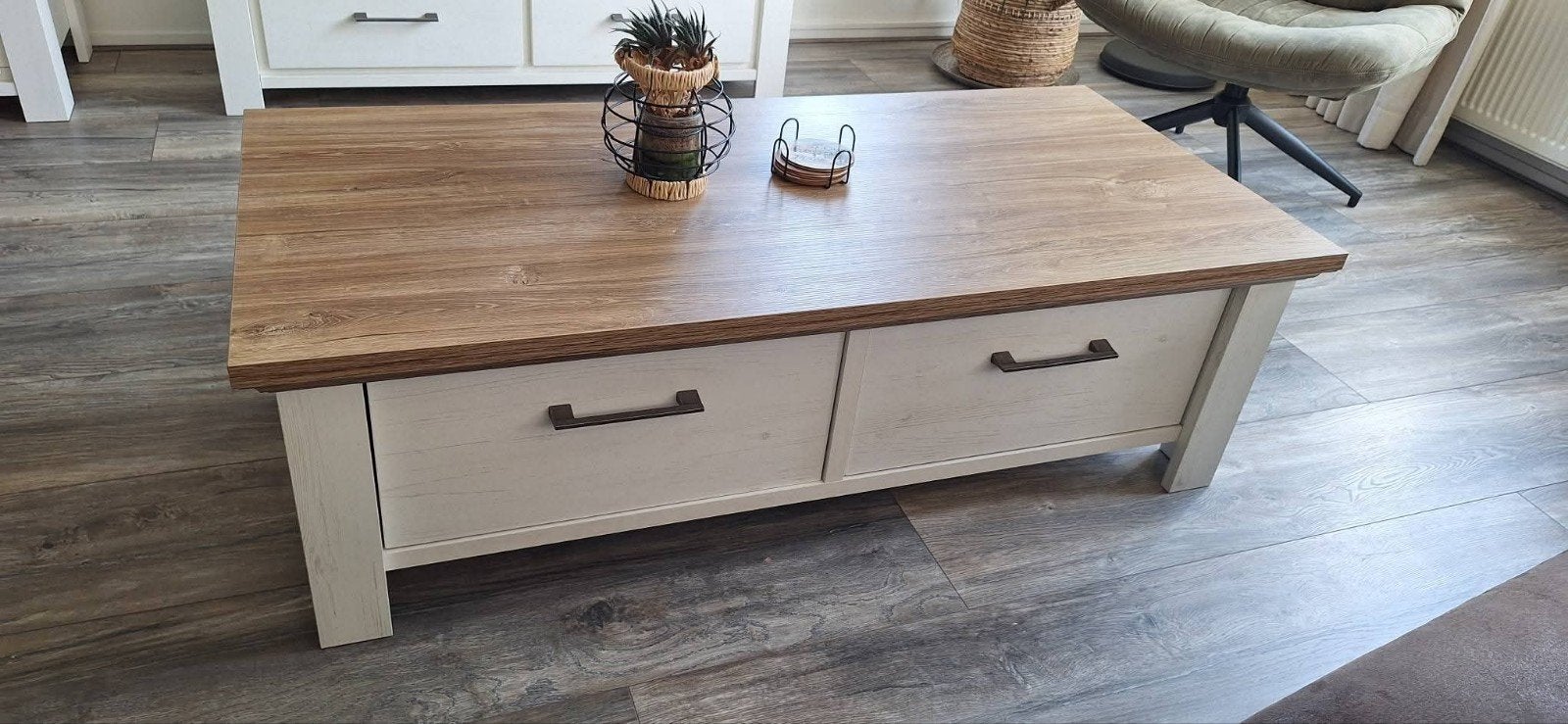 Salontafel van Pronto met 2 lades - Hout en wit, Ophalen, Gebruikt, 100 tot 150 cm, Modern landelijk