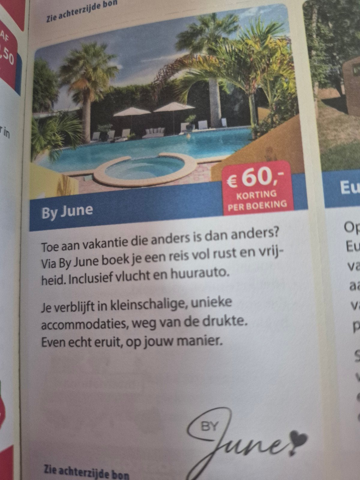 By june vakanties €60 euro korting, Eén persoon, Kortingsbon