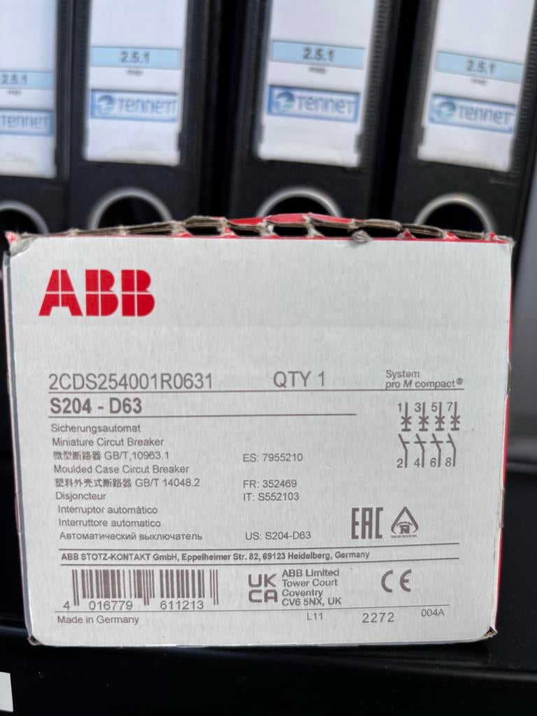 2X ABB S204-D63 Stroomonderbreker - Nieuw, Doe-het-zelf en Verbouw, Ophalen, Nieuw, Schakelaar