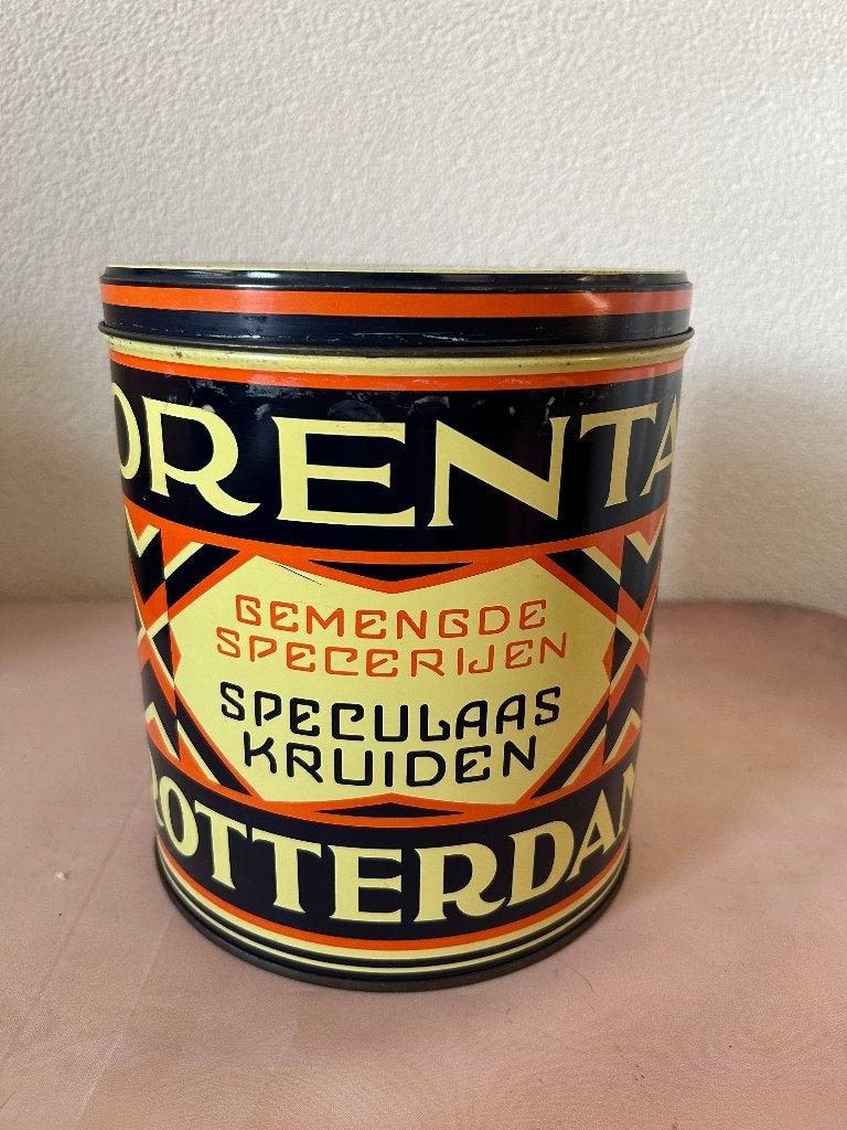 Vintage art deco Orenta Rotterdam speculaaskruiden blik, Ophalen of Verzenden, Gebruikt, Overige, Overige merken