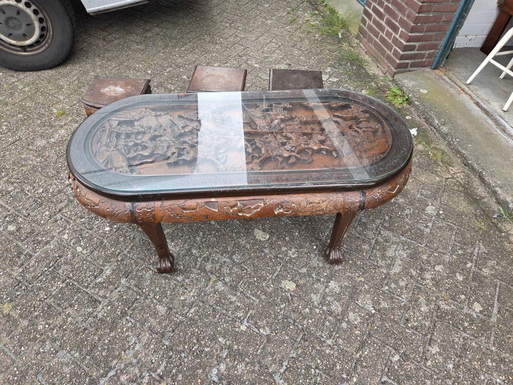 vintage Aziatische salontafel  met glasplaat jaren 70, Ophalen of Verzenden