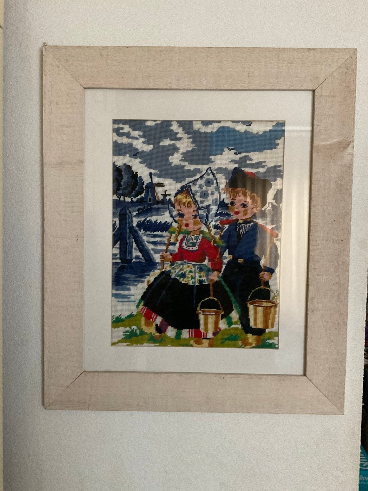 Landelijk borduurwerk schilderij in houten lijst, Minder dan 50 cm, Gebruikt, Ophalen of Verzenden, Schilderij