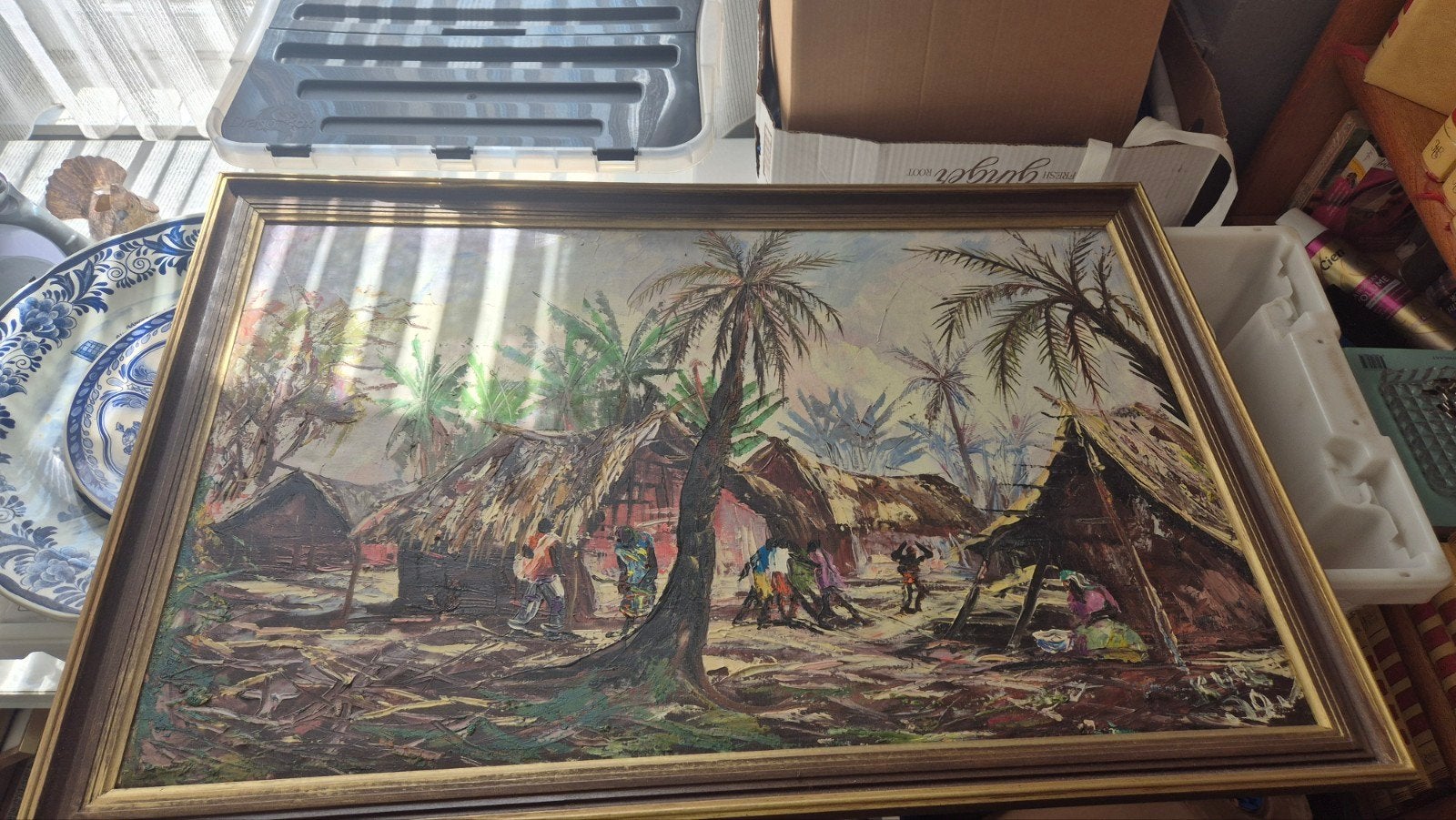 Tropisch dorpsgezicht olieverfschilderij op doek, Ophalen of Verzenden