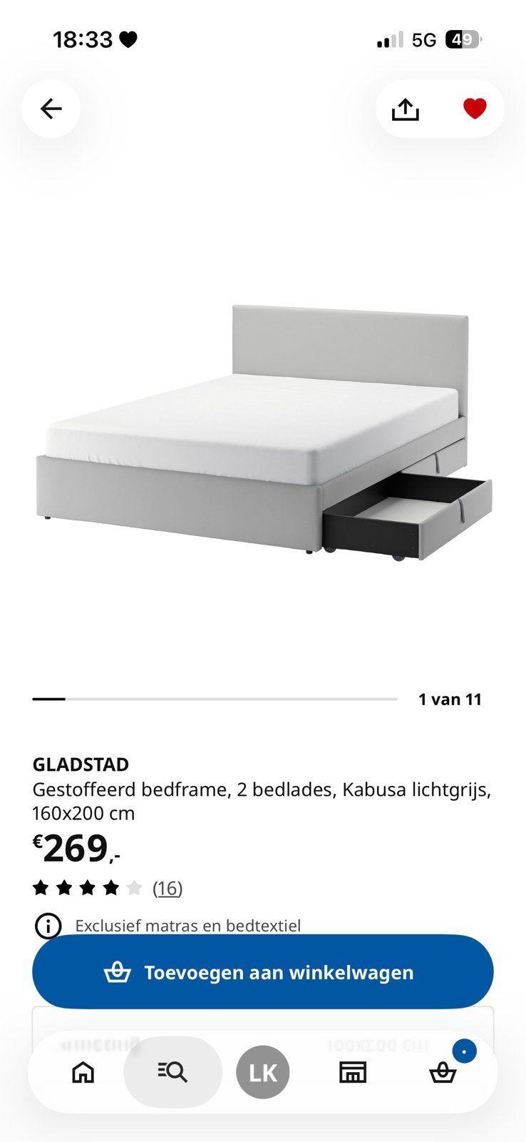 IKEA GLADSTAD gestoffeerd bedframe met 2 lades, grijs, Huis en Inrichting, Ophalen, Gebruikt, Tweepersoons, 200 cm